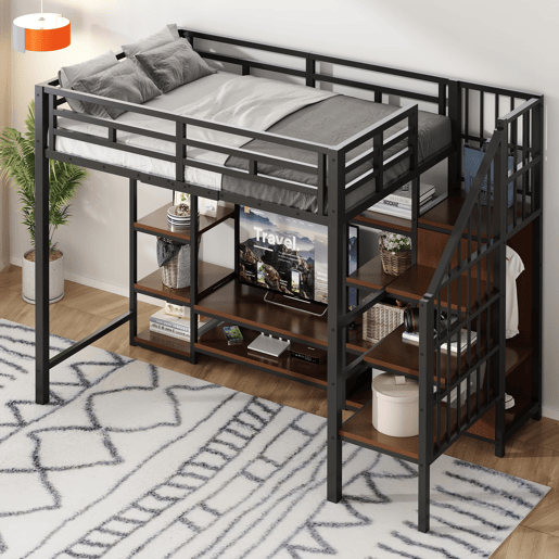 Cama alta 90x200 com suporte para TV, tomada e escada de segurança - Combinação metal-madeira, preto