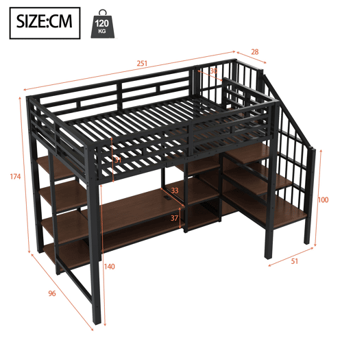 Cama alta 90x200 com suporte para TV, tomada e escada de segurança - Combinação metal-madeira, preto