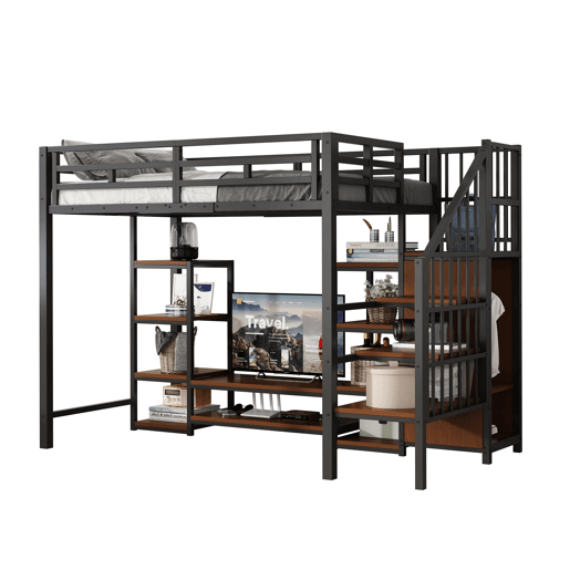 Cama alta 90x200 com suporte para TV, tomada e escada de segurança - Combinação metal-madeira, preto
