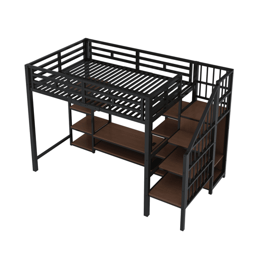 Cama alta 90x200 com suporte para TV, tomada e escada de segurança - Combinação metal-madeira, preto