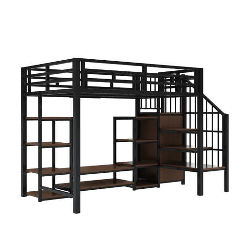 Cama alta 90x200 com suporte para TV, tomada e escada de segurança - Combinação metal-madeira, preto