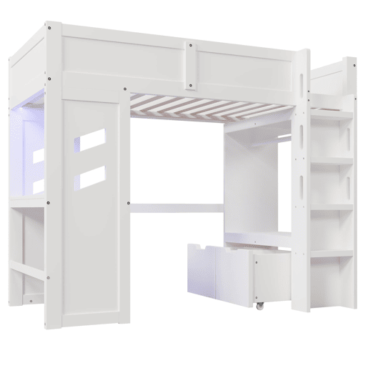 Cama alta 90x200 cm - Gaming com secretária, LED, 1 USB, 1 tipo C, com prateleira, branca