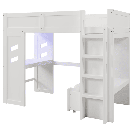 Cama alta 90x200 cm - Gaming com secretária, LED, 1 USB, 1 tipo C, com prateleira, branca