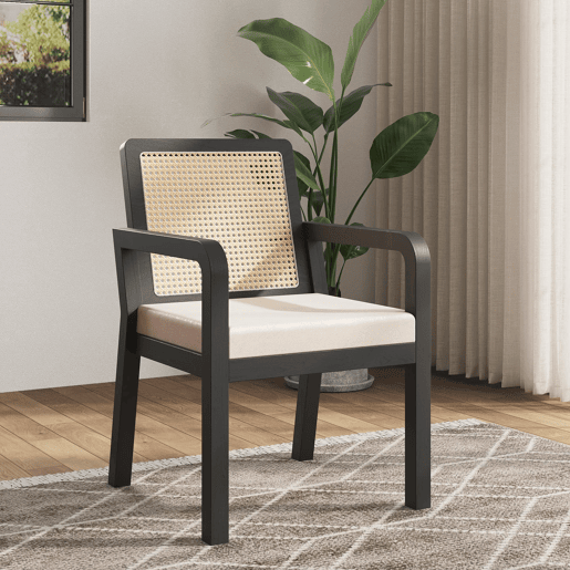 Cadeira de jantar em veludo (4 peças) - ergonómica, encosto em rattan, pernas em madeira de borracha - preta