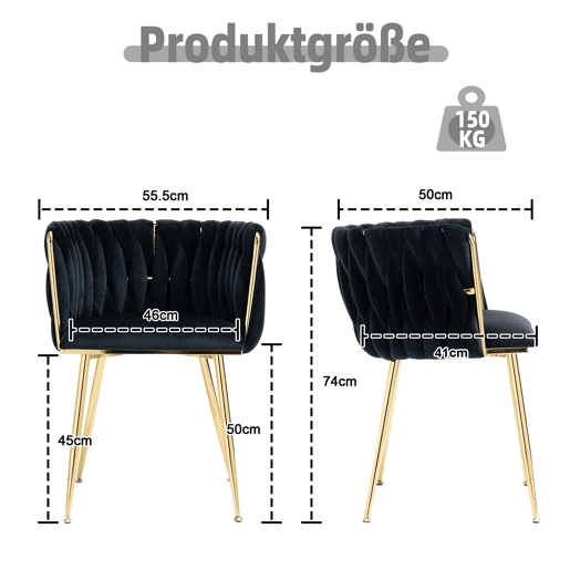Cadeira de jantar para 2 pessoas - luxo moderno, veludo, pernas metálicas douradas - Preto