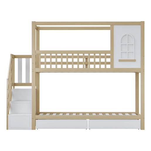 Cama beliche 90x200 cm - Madeira maciça, em forma de casa com janelas, barreira de segurança e escadas - Cor madeira