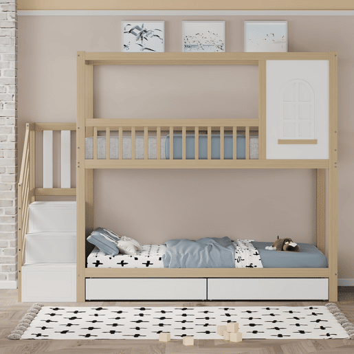 Cama beliche 90x200 cm - Madeira maciça, em forma de casa com janelas, barreira de segurança e escadas - Cor madeira