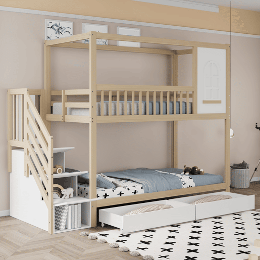 Cama beliche 90x200 cm - Madeira maciça, em forma de casa com janelas, barreira de segurança e escadas - Cor madeira
