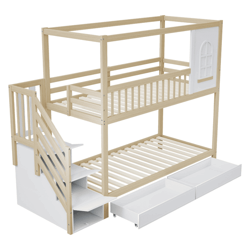 Cama beliche 90x200 cm - Madeira maciça, em forma de casa com janelas, barreira de segurança e escadas - Cor madeira