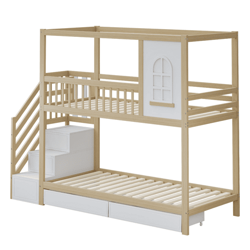 Cama beliche 90x200 cm - Madeira maciça, em forma de casa com janelas, barreira de segurança e escadas - Cor madeira