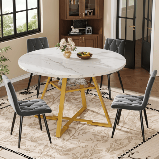Mesa de jantar redonda 120 cm - Mesa de cozinha com pernas metálicas, efeito mármore, branca
