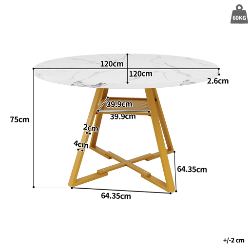 Mesa de jantar redonda 120 cm - Mesa de cozinha com pernas metálicas, efeito mármore, branca