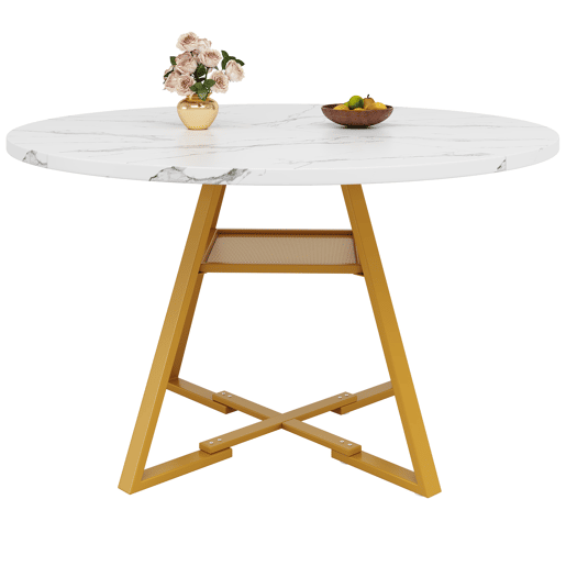 Mesa de jantar redonda 120 cm - Mesa de cozinha com pernas metálicas, efeito mármore, branca