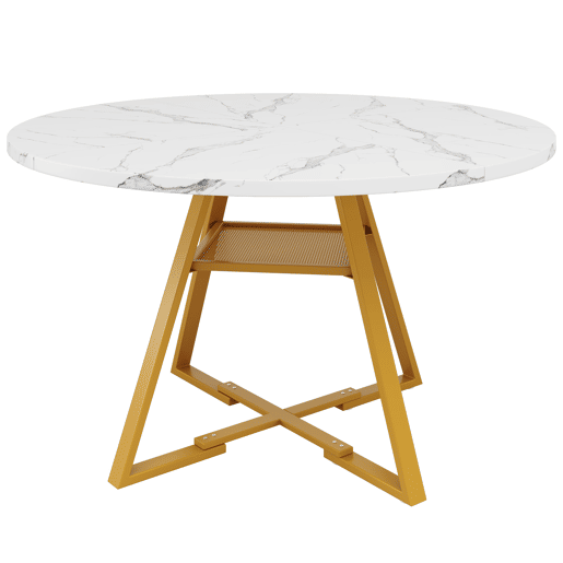 Mesa de jantar redonda 120 cm - Mesa de cozinha com pernas metálicas, efeito mármore, branca