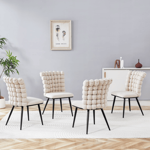 Cadeiras de sala de jantar 2 unidades - Veludo com encosto em cadeias e pernas metálicas pretas - Off White