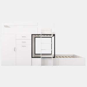 Beliche 90x200 - Com secretária extraível, armário, prateleiras, escada - Branco+Preto