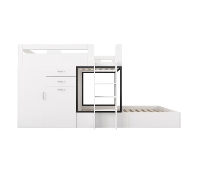 Cama litera 90x200 - con escritorio extraíble, armario, estantes, escalera - blanco+negro