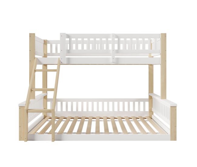 Litera, 90x200cm+140x200cm - escalera, barandilla, estilo sencillo - blanco + natural
