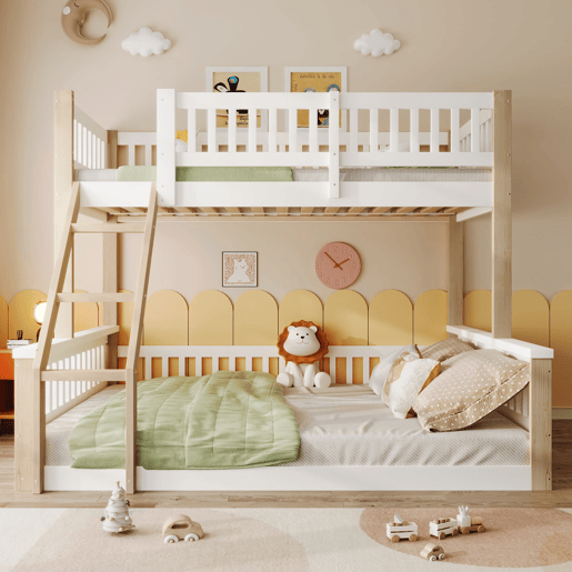 Beliche, 90x200cm+140x200cm - Escada, Corrimão, Estilo simples - Branco + Natural Beliche, 90x200cm+140x200cm - Escada, Corrimão, Estilo simples - Branco + Natural