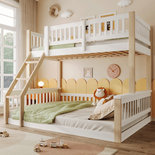 Beliche, 90x200cm+140x200cm - Escada, Corrimão, Estilo simples - Branco + Natural Beliche, 90x200cm+140x200cm - Escada, Corrimão, Estilo simples - Branco + Natural