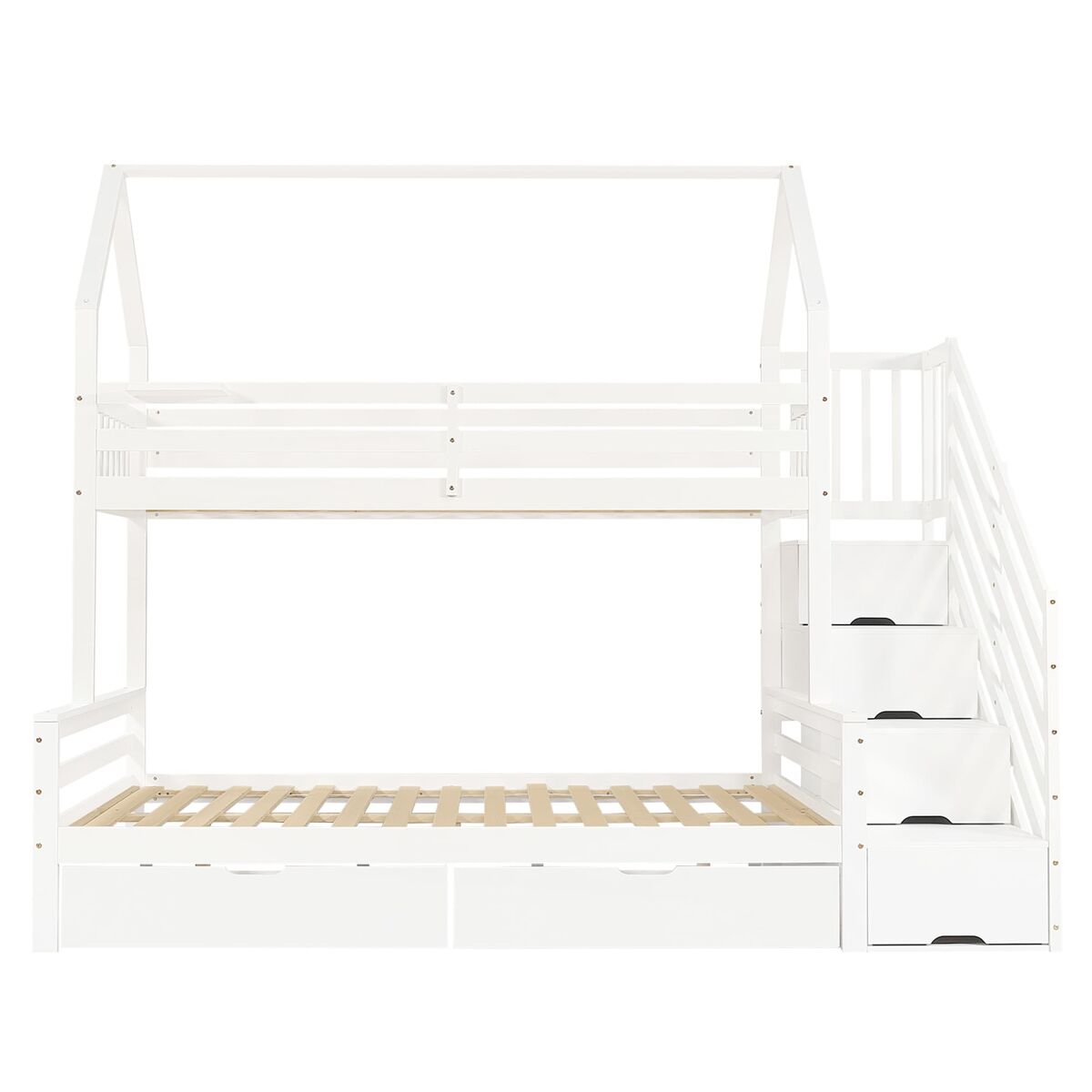 Cama litera infantil 90x200cm & 140x200cm - 2 cajones con ruedas, diseño de techo, barandilla de seguridad - blanco