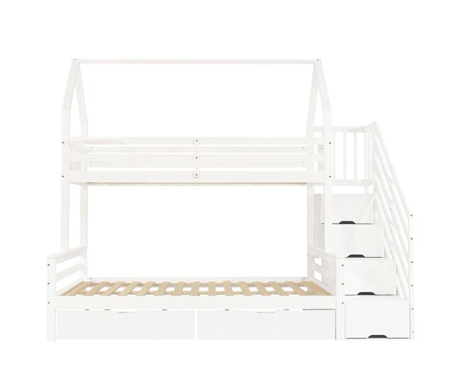 Cama litera infantil 90x200cm & 140x200cm - 2 cajones con ruedas, diseño de techo, barandilla de seguridad - blanco