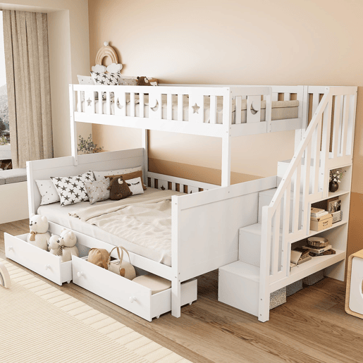 Cama infantil 90x200140x200 cm - Beliche em madeira maciça com escada de segurança, 2 gavetas - Branco