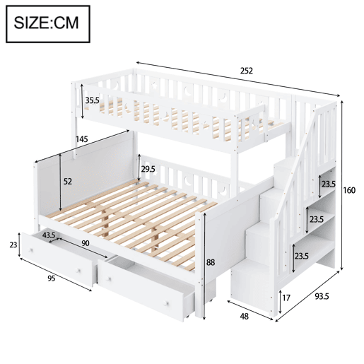Cama infantil 90x200140x200 cm - Beliche em madeira maciça com escada de segurança, 2 gavetas - Branco