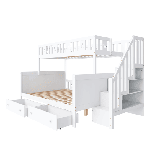 Cama infantil 90x200140x200 cm - Beliche em madeira maciça com escada de segurança, 2 gavetas - Branco