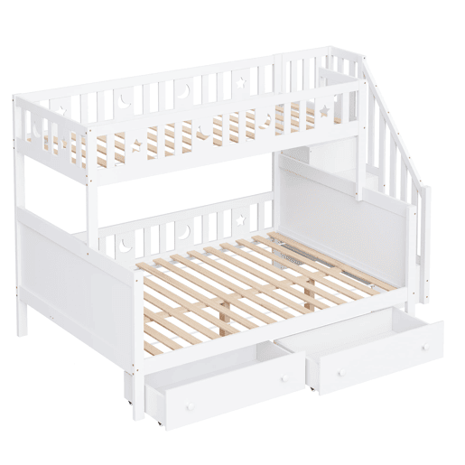Cama infantil 90x200140x200 cm - Beliche em madeira maciça com escada de segurança, 2 gavetas - Branco