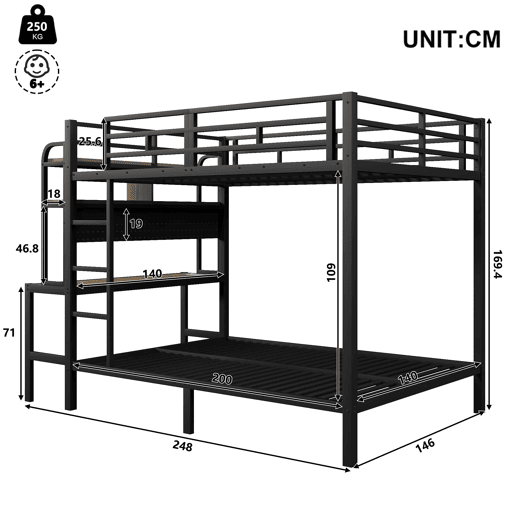 Cama alta 140x200 cm - Com secretária, LED, USB, grade de segurança, preta Cama alta 140x200 cm - Com secretária, LED, USB, grade de segurança, preta