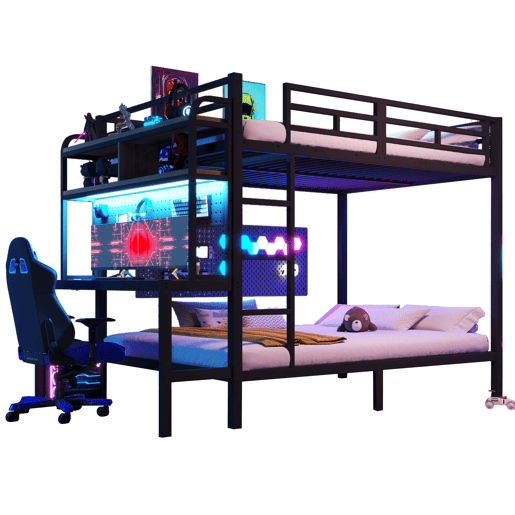 Cama alta 140x200 cm - Com secretária, LED, USB, grade de segurança, preta Cama alta 140x200 cm - Com secretária, LED, USB, grade de segurança, preta