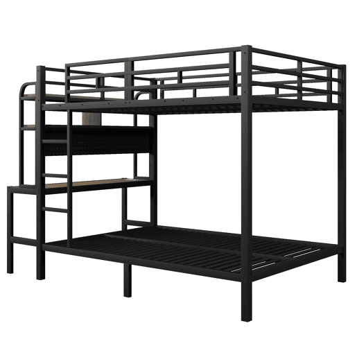 Cama alta 140x200 cm - Com secretária, LED, USB, grade de segurança, preta Cama alta 140x200 cm - Com secretária, LED, USB, grade de segurança, preta