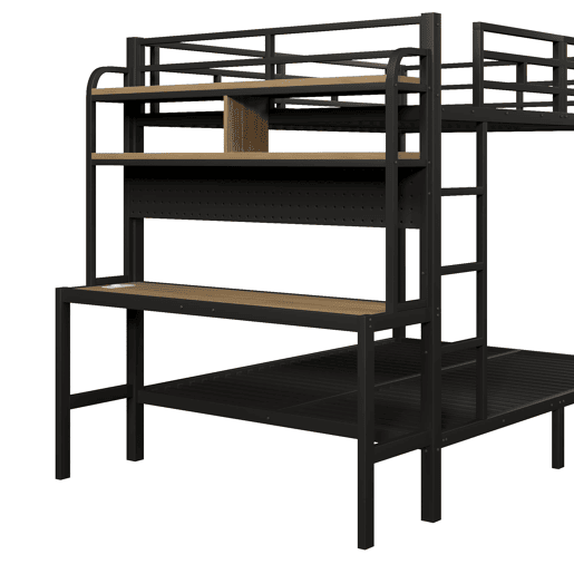 Cama alta 140x200 cm - Com secretária, LED, USB, grade de segurança, preta Cama alta 140x200 cm - Com secretária, LED, USB, grade de segurança, preta