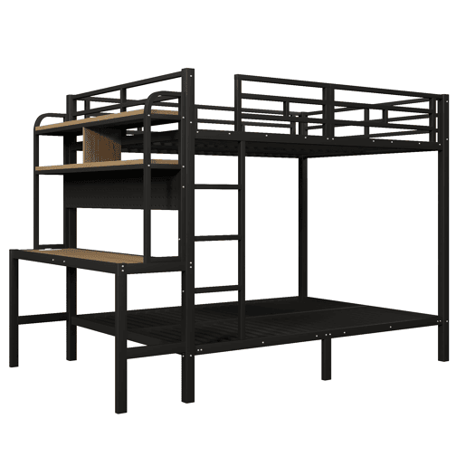 Cama alta 140x200 cm - Com secretária, LED, USB, grade de segurança, preta Cama alta 140x200 cm - Com secretária, LED, USB, grade de segurança, preta