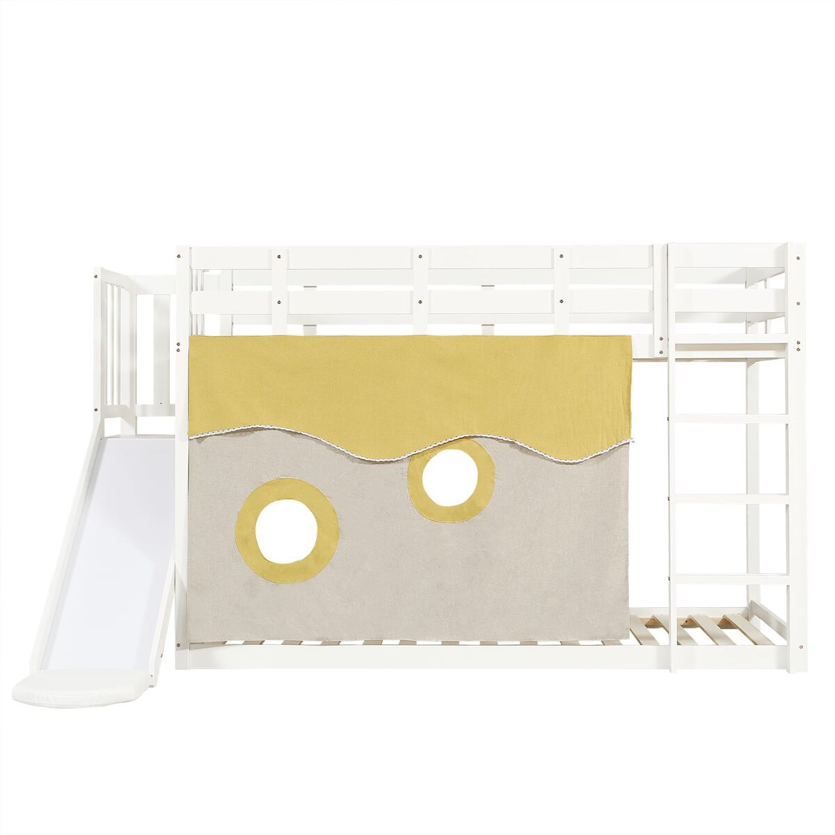 Cama litera 90x200 cm - con escalera, barandillas, cortina y tobogán - blanco