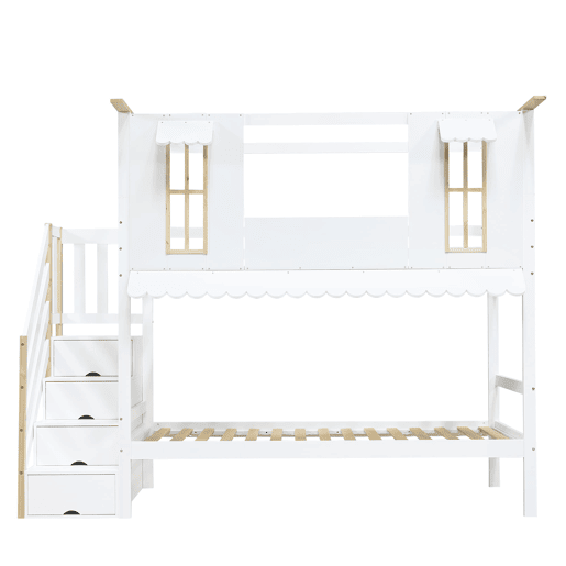 Cama beliche infantil 90x200 cm - Escada com arrumação, Janelas requintadas, Teto ondulado - Branco+Natural Cama beliche infantil 90x200 cm - Escada com arrumação, Janelas requintadas, Teto ondulado - Branco+Natural