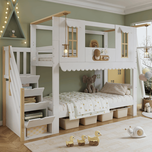 Cama beliche infantil 90x200 cm - Escada com arrumação, Janelas requintadas, Teto ondulado - Branco+Natural Cama beliche infantil 90x200 cm - Escada com arrumação, Janelas requintadas, Teto ondulado - Branco+Natural