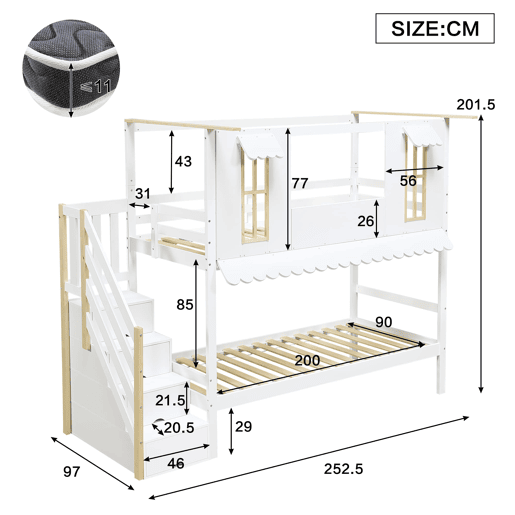 Cama beliche infantil 90x200 cm - Escada com arrumação, Janelas requintadas, Teto ondulado - Branco+Natural Cama beliche infantil 90x200 cm - Escada com arrumação, Janelas requintadas, Teto ondulado - Branco+Natural