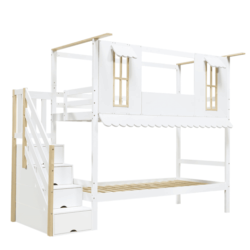 Cama beliche infantil 90x200 cm - Escada com arrumação, Janelas requintadas, Teto ondulado - Branco+Natural Cama beliche infantil 90x200 cm - Escada com arrumação, Janelas requintadas, Teto ondulado - Branco+Natural