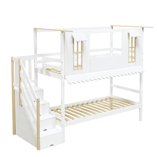 Cama beliche infantil 90x200 cm - Escada com arrumação, Janelas requintadas, Teto ondulado - Branco+Natural Cama beliche infantil 90x200 cm - Escada com arrumação, Janelas requintadas, Teto ondulado - Branco+Natural