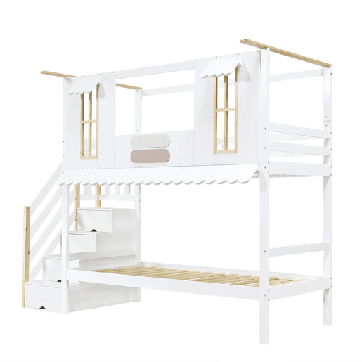 Cama beliche infantil 90x200 cm - Escada com arrumação, Janelas requintadas, Teto ondulado - Branco+Natural Cama beliche infantil 90x200 cm - Escada com arrumação, Janelas requintadas, Teto ondulado - Branco+Natural