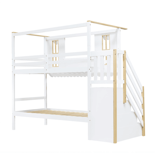 Cama beliche infantil 90x200 cm - Escada com arrumação, Janelas requintadas, Teto ondulado - Branco+Natural Cama beliche infantil 90x200 cm - Escada com arrumação, Janelas requintadas, Teto ondulado - Branco+Natural