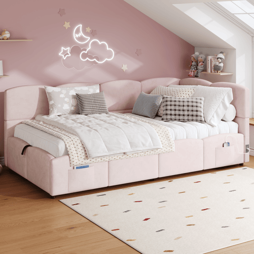 Cama com armazenamento,cama de criança,cama de solteiro de veludo 90x200 cm,rosa