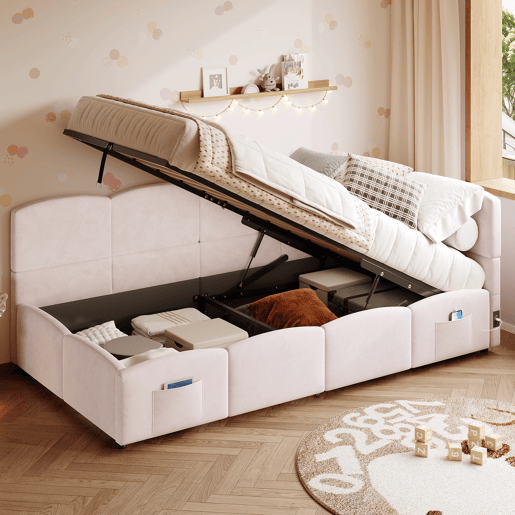 Cama com armazenamento,cama de criança,cama de solteiro de veludo 90x200 cm,rosa