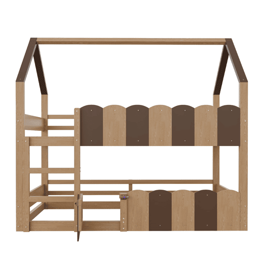 Litera infantil 90x200 cm - Diseño en forma de casa con barandillas altas - Color madera