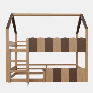 Litera infantil 90x200 cm - Diseño en forma de casa con barandillas altas - Color madera