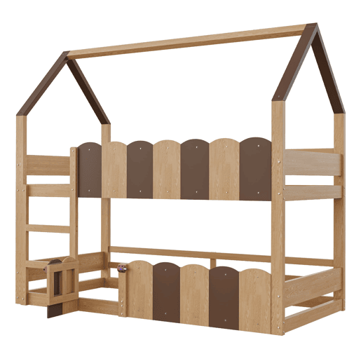 Litera infantil 90x200 cm - Diseño en forma de casa con barandillas altas - Color madera