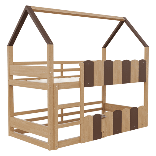 Litera infantil 90x200 cm - Diseño en forma de casa con barandillas altas - Color madera