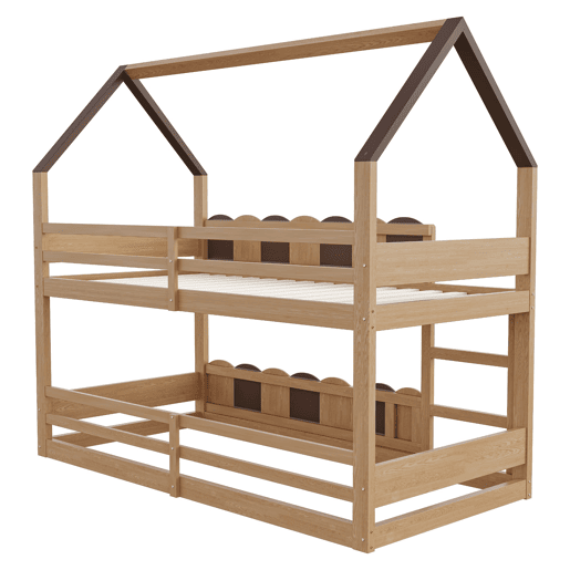 Litera infantil 90x200 cm - Diseño en forma de casa con barandillas altas - Color madera